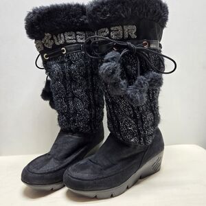 Vintage Women Rocawear Nadina Black Cableknit Fur Trim Suede Boots Size-8.5